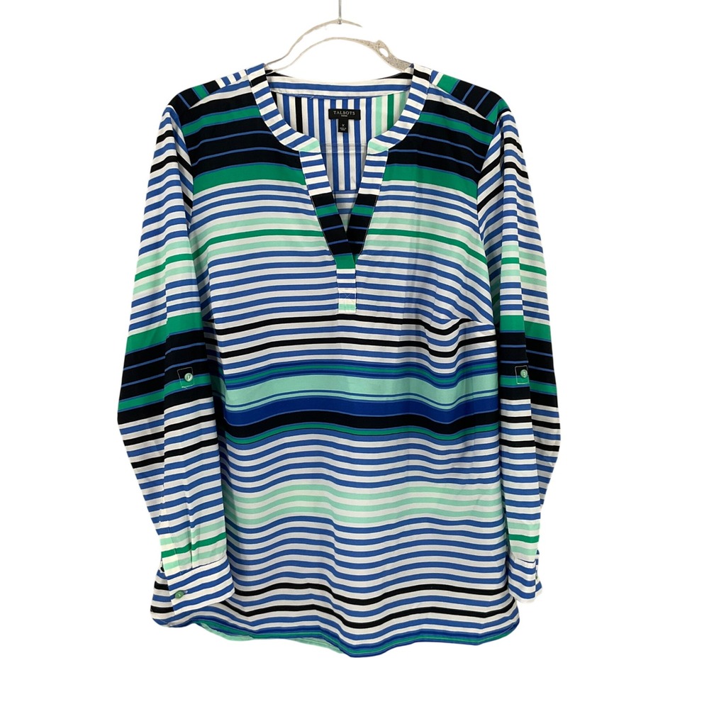 Talbots Tunic Blouse Womens X Blue Striped Roll Tab Sleeve Split V-Neck Preppy